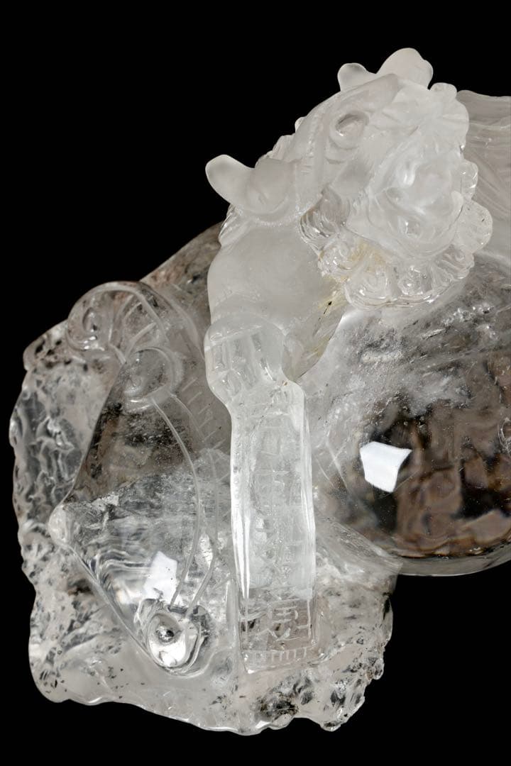 中国美術 水晶玉乗獅子 万事如意刻印 置物 老水晶彫 古水晶 唐物 古美術 骨董
