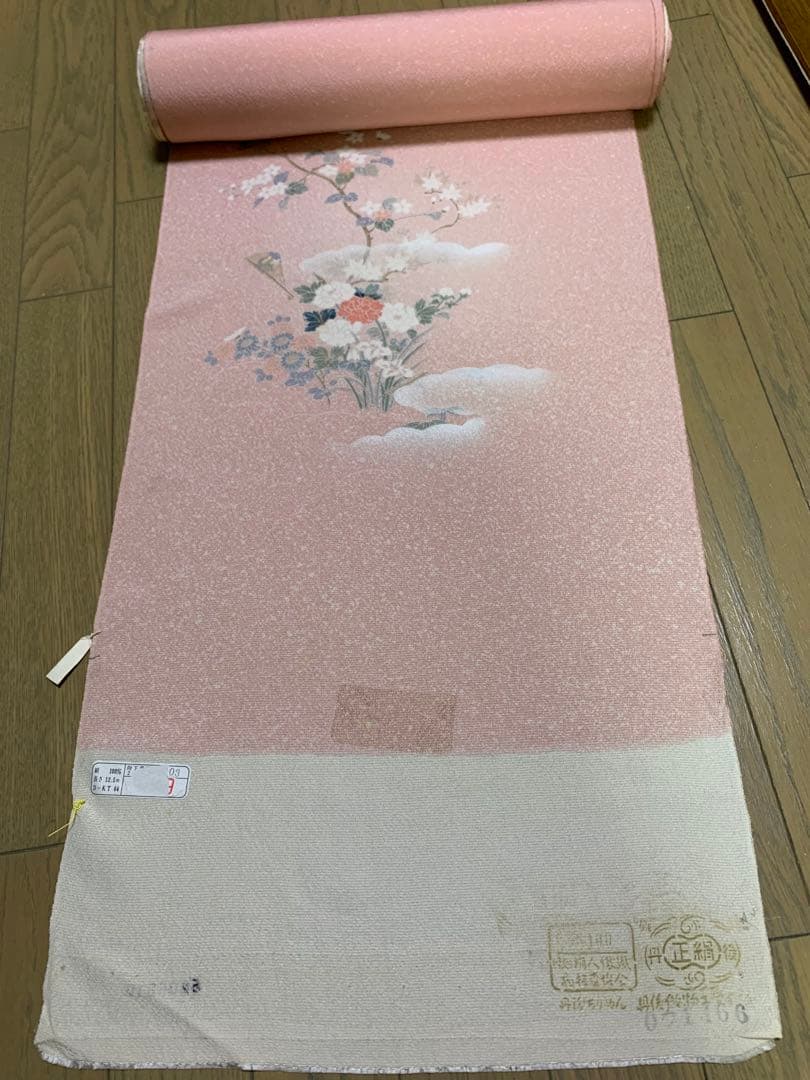 正絹 花柄 付け下げ着物反物 ピンク 12.5m