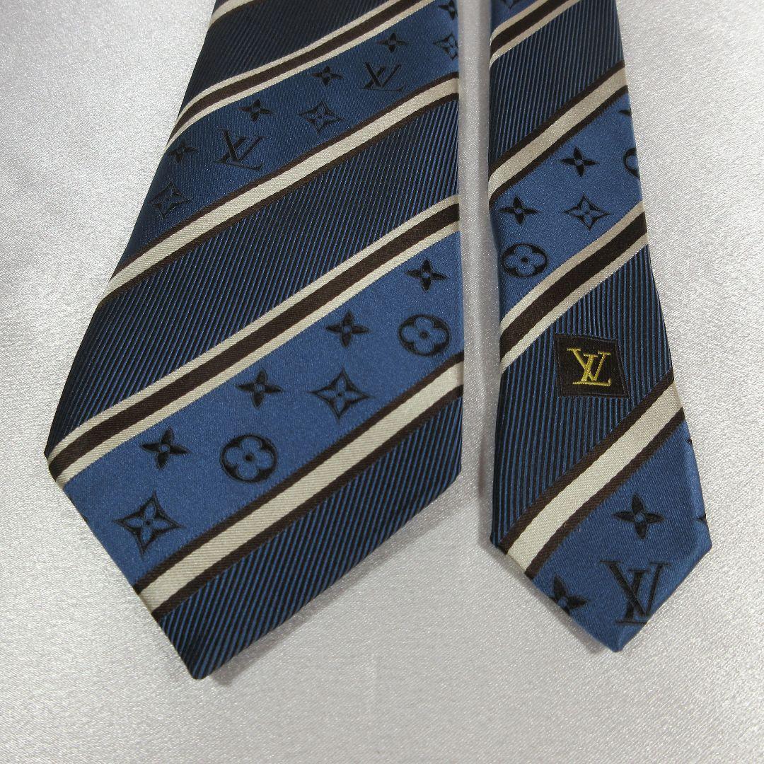 ルイヴィトン　モノグラム　ストライプ　ネイビーブルー　ネクタイ