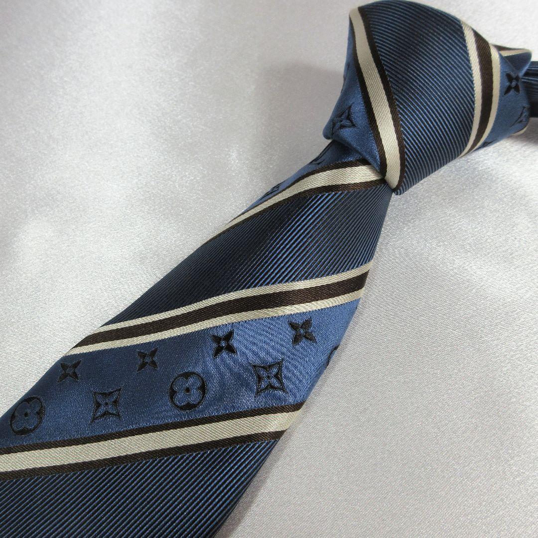 ルイヴィトン　モノグラム　ストライプ　ネイビーブルー　ネクタイ
