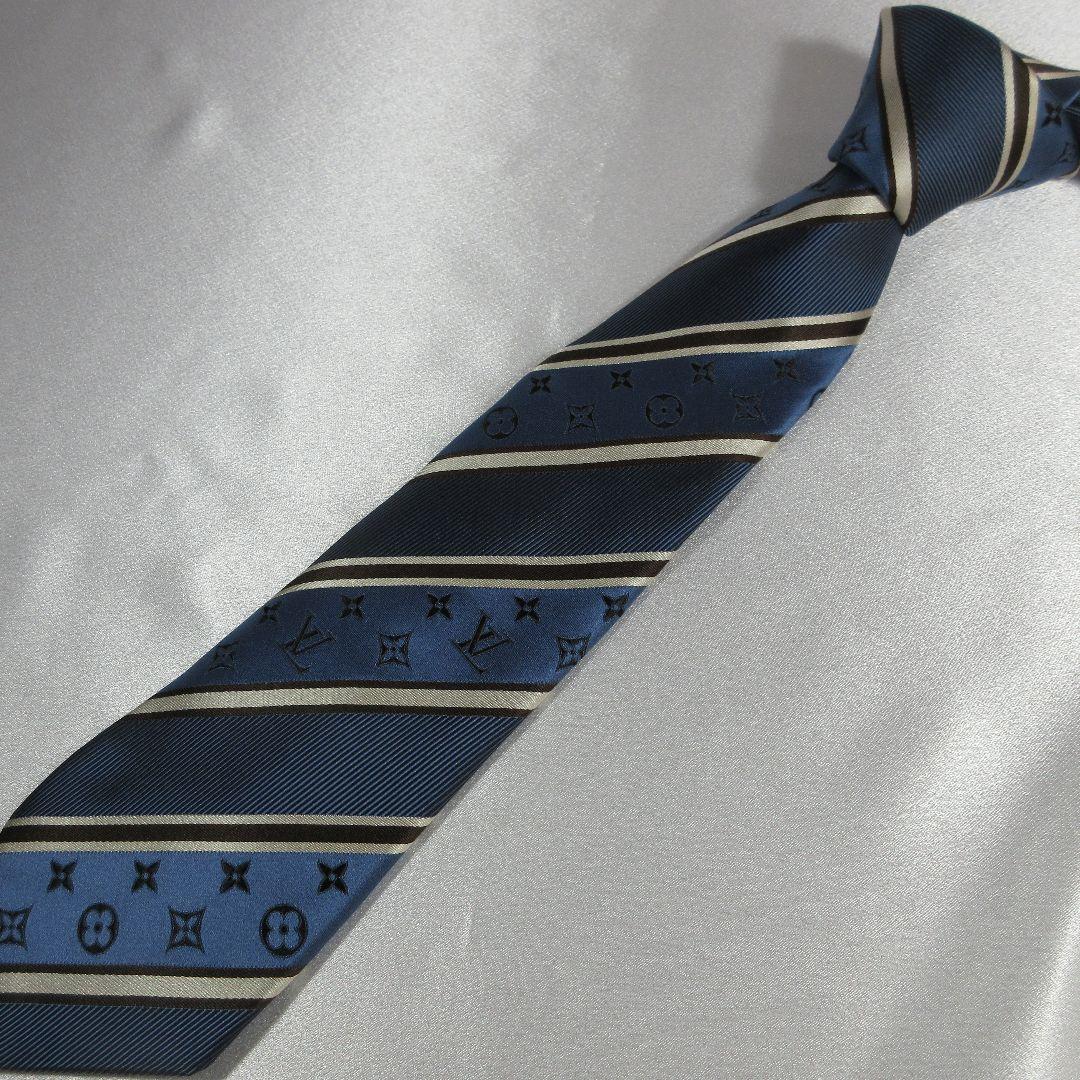 ルイヴィトン　モノグラム　ストライプ　ネイビーブルー　ネクタイ