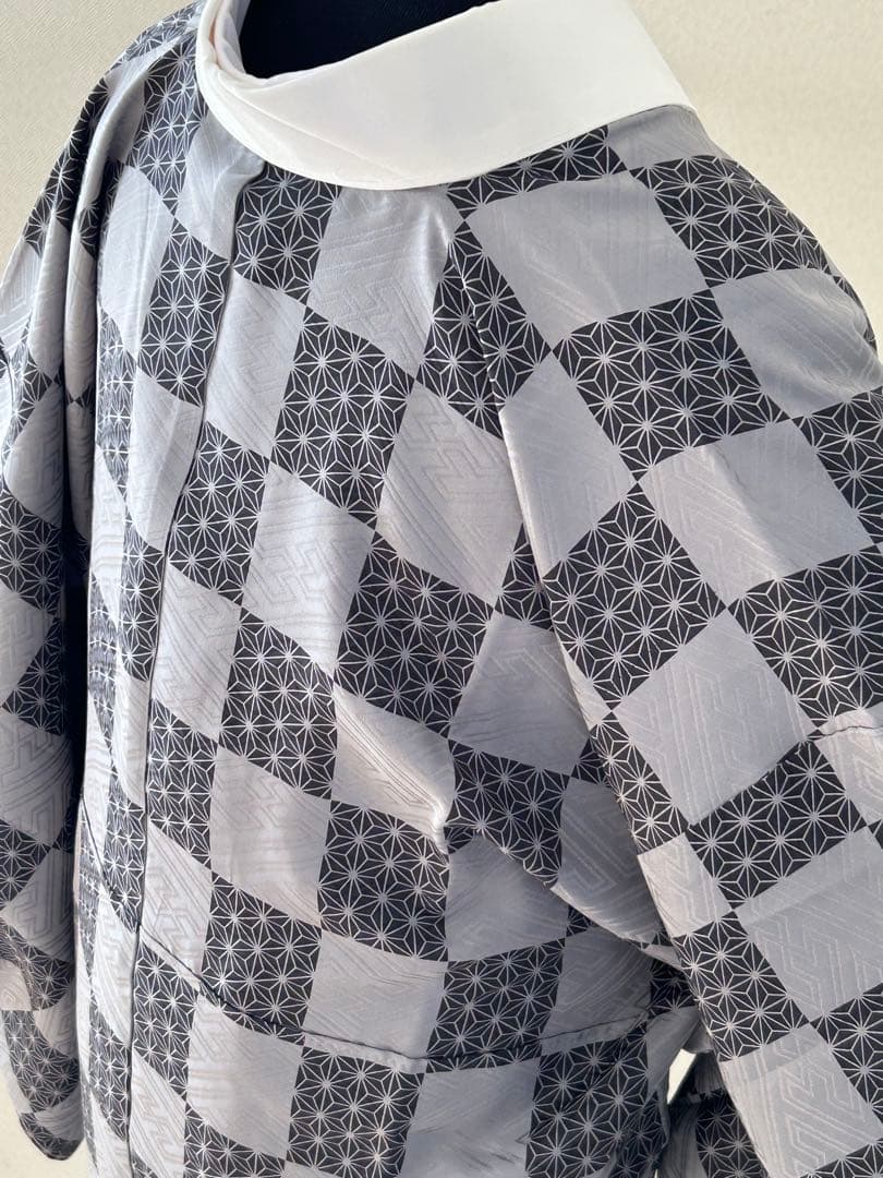 正絹　高級　長襦袢　変わり市松　麻の葉文　袷　ほぼ未使用