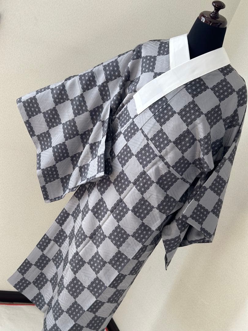 正絹　高級　長襦袢　変わり市松　麻の葉文　袷　ほぼ未使用
