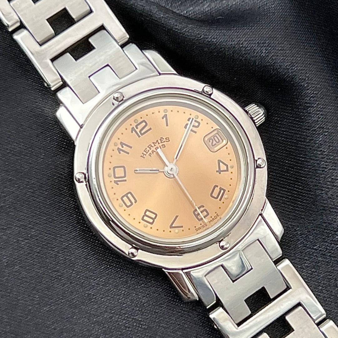 【新品電池】 エルメス クリッパー アイボリー文字盤 シルバーブレスレット 稼働