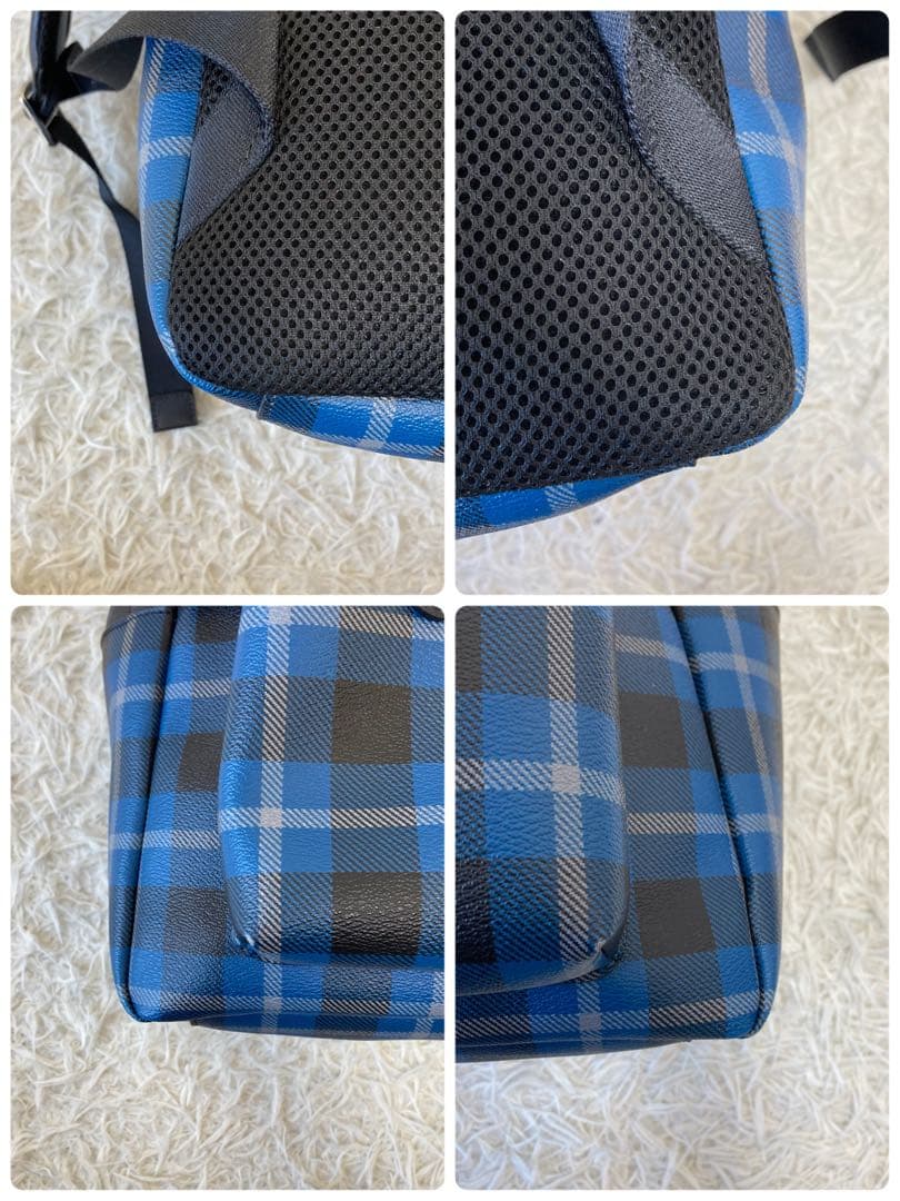 COACH✨メンズリュック　ネイビー×チェック　レザ×PVC 大容量　チャーム
