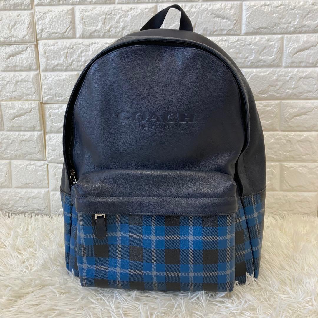 COACH✨メンズリュック　ネイビー×チェック　レザ×PVC 大容量　チャーム