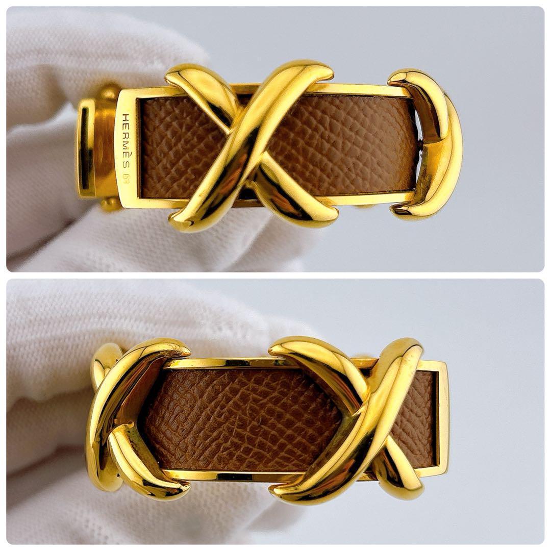 【美品】エルメス クロスモチーフ バングル ブレスレット ゴールド ブラウン