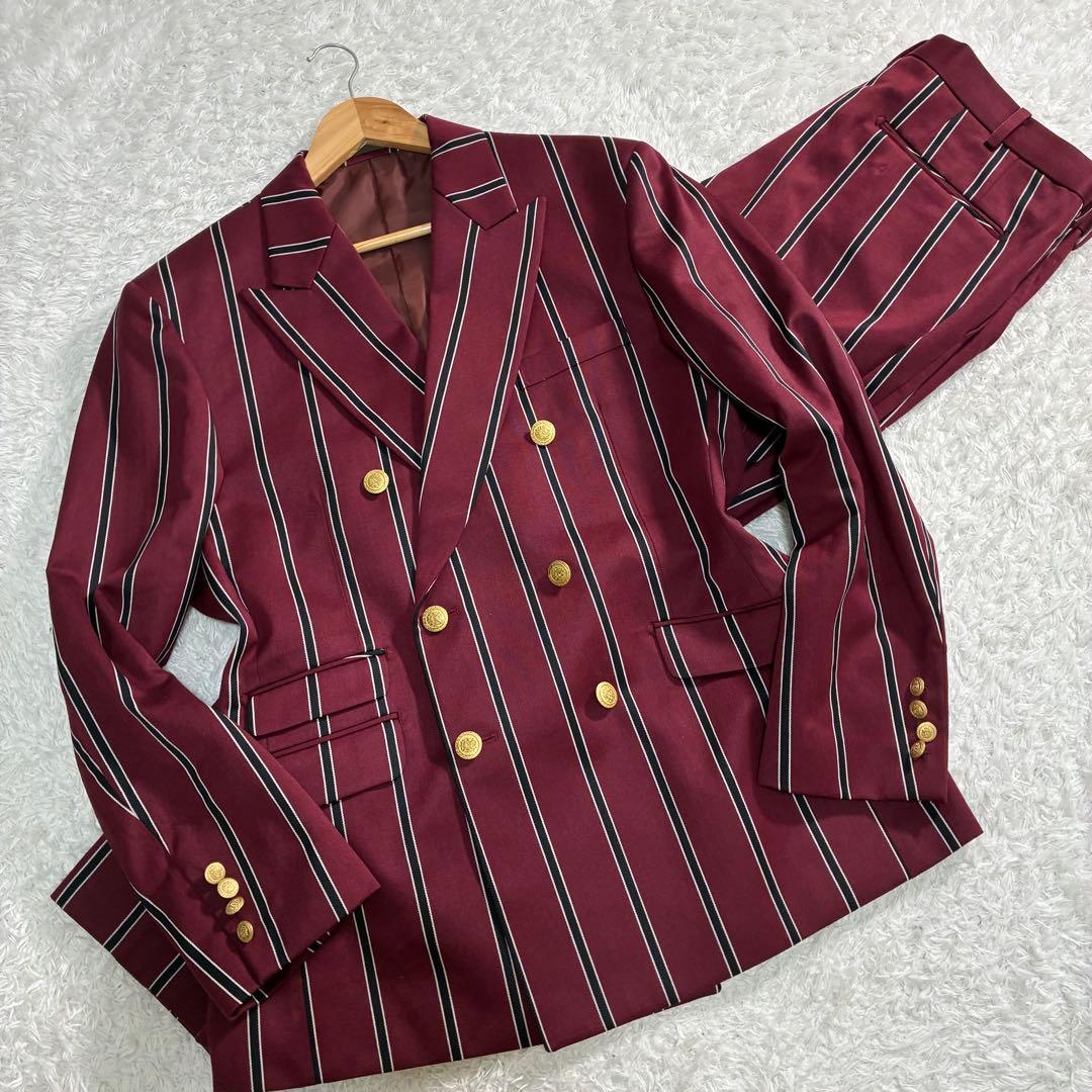 美品 XL相当 ダブルブレスト スーツ ボルドー ストライプ 金ボタン メンズ