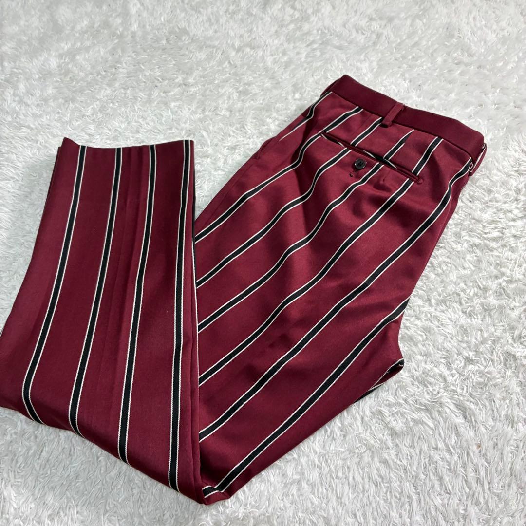 美品 XL相当 ダブルブレスト スーツ ボルドー ストライプ 金ボタン メンズ
