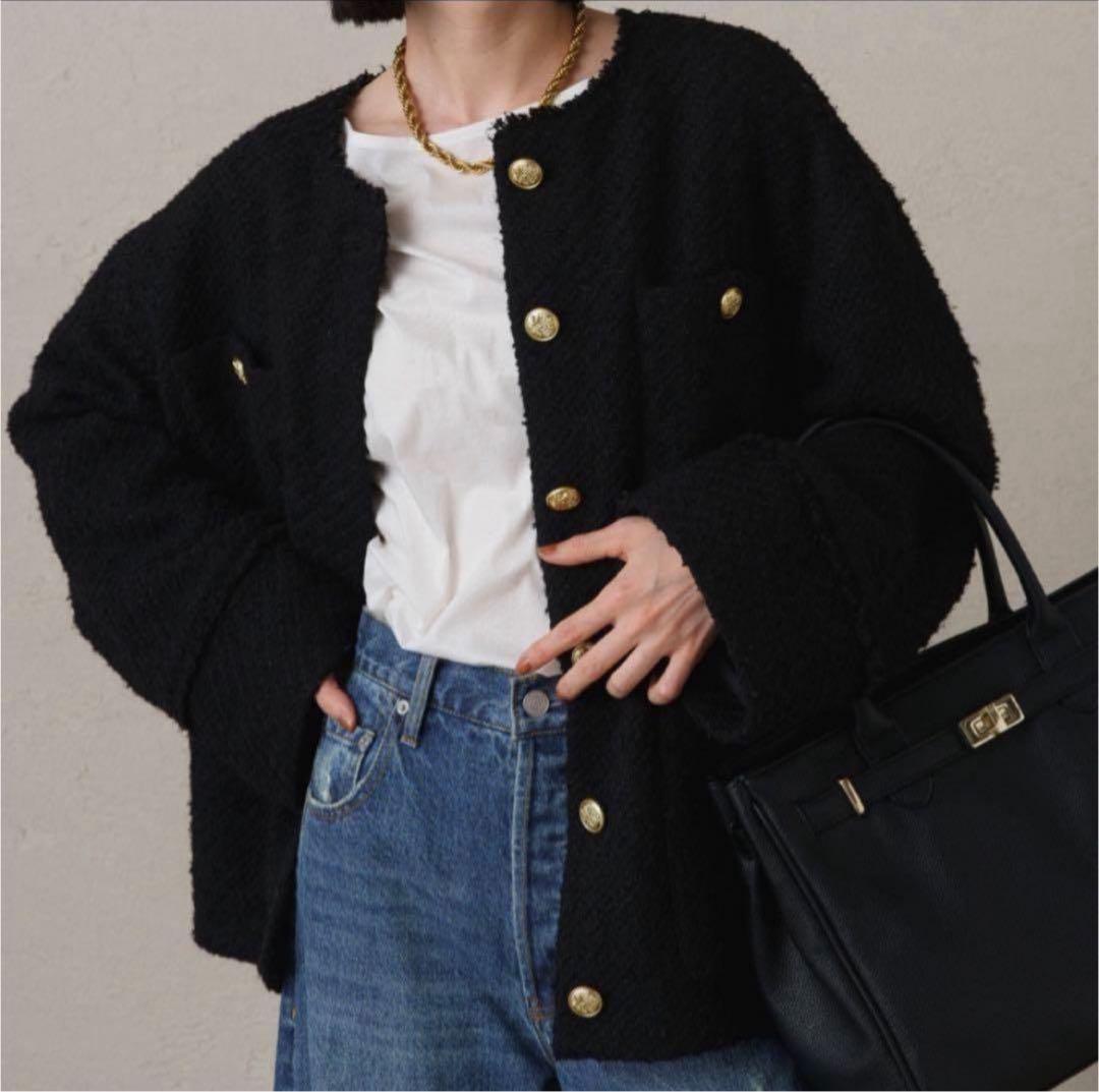 Lounge Dress ノーカラー ツイードジャケット 金ボタン ブラック