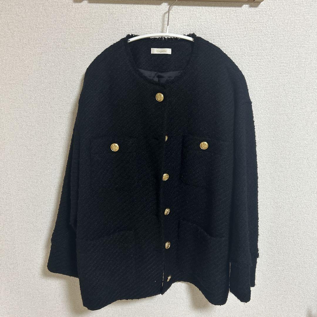 Lounge Dress ノーカラー ツイードジャケット 金ボタン ブラック