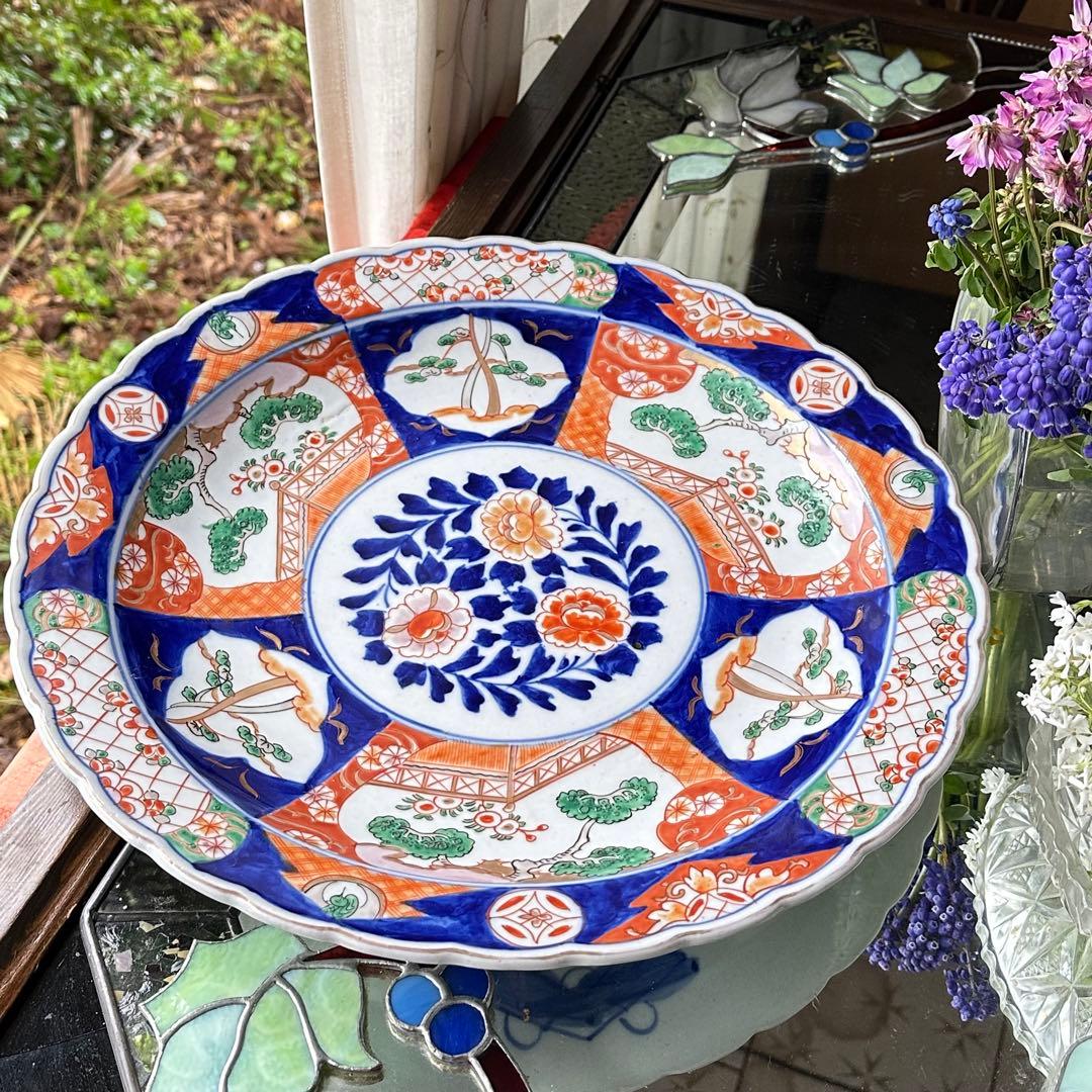 2154様感謝‼️春‼️伊万里　金彩色絵　牡丹に鶴　梅&松輪花縁大皿　尺2寸1客