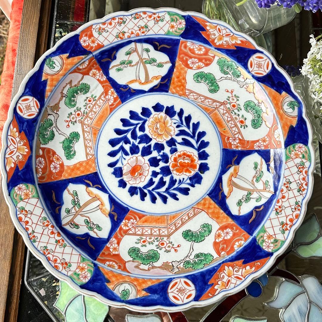 2154様感謝‼️春‼️伊万里　金彩色絵　牡丹に鶴　梅&松輪花縁大皿　尺2寸1客