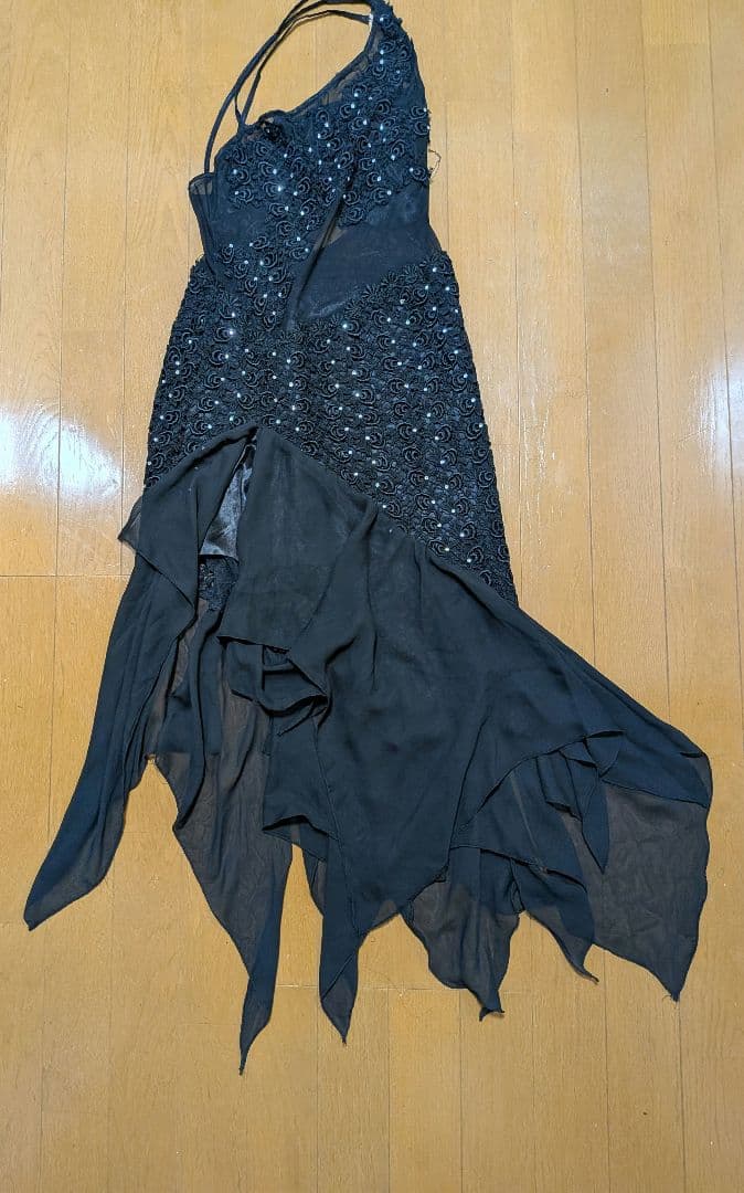 アルゼンチンタンゴ 社交ダンス黒のビーズ刺繍とシフォンワンショルダーダンスドレス