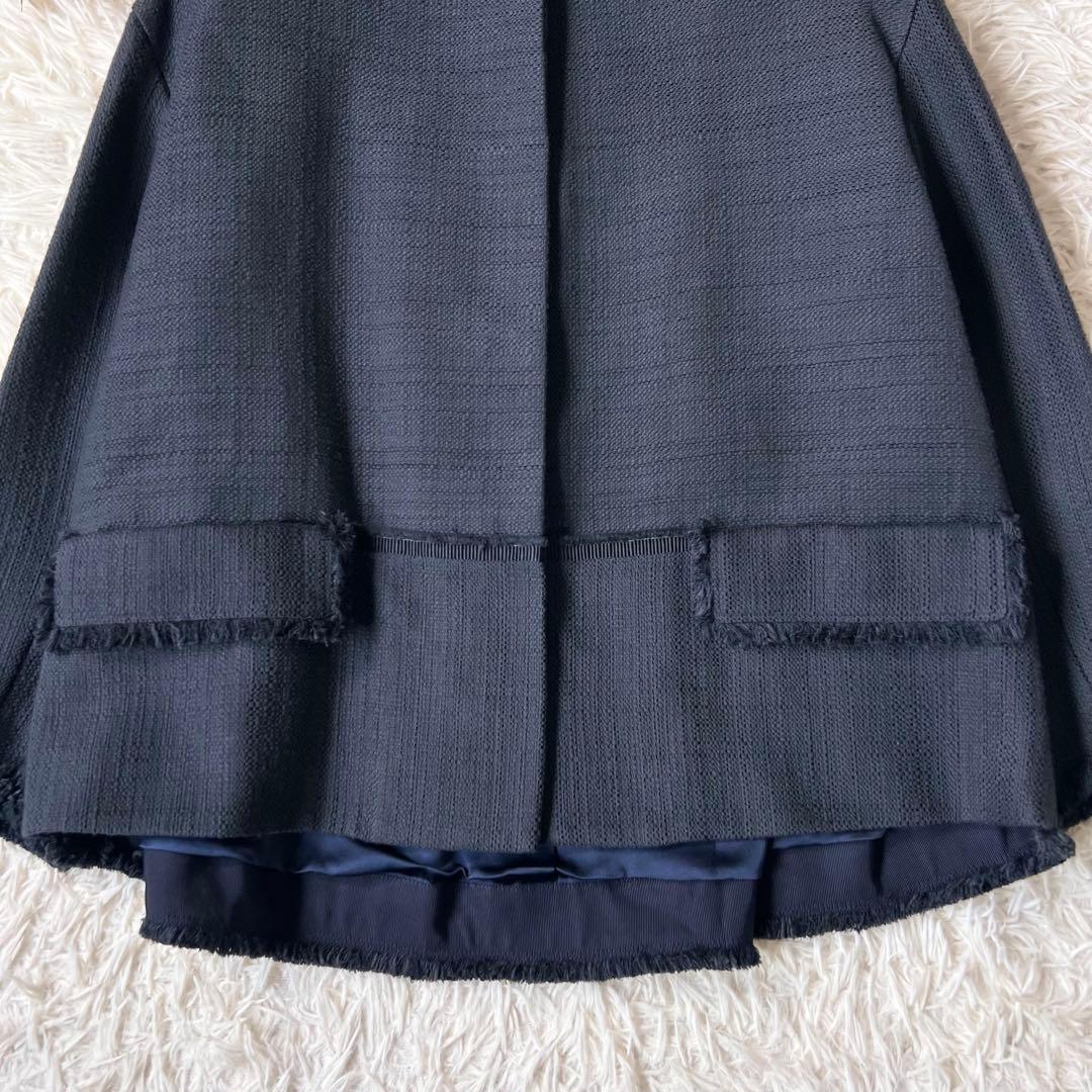 Drawer ドゥロワー ツイード フリンジ ノーカラー ジャケット ネイビー