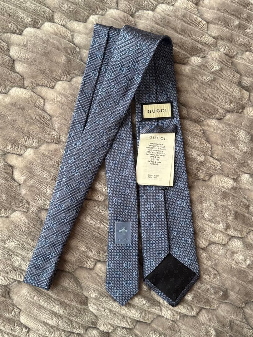 【美品・未使用】GUCCI シルク ネクタイ GGパターン　Bee ブルー
