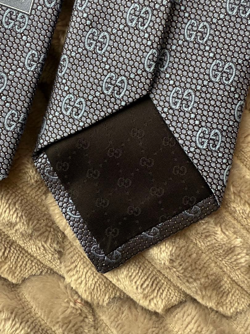 【美品・未使用】GUCCI シルク ネクタイ GGパターン　Bee ブルー