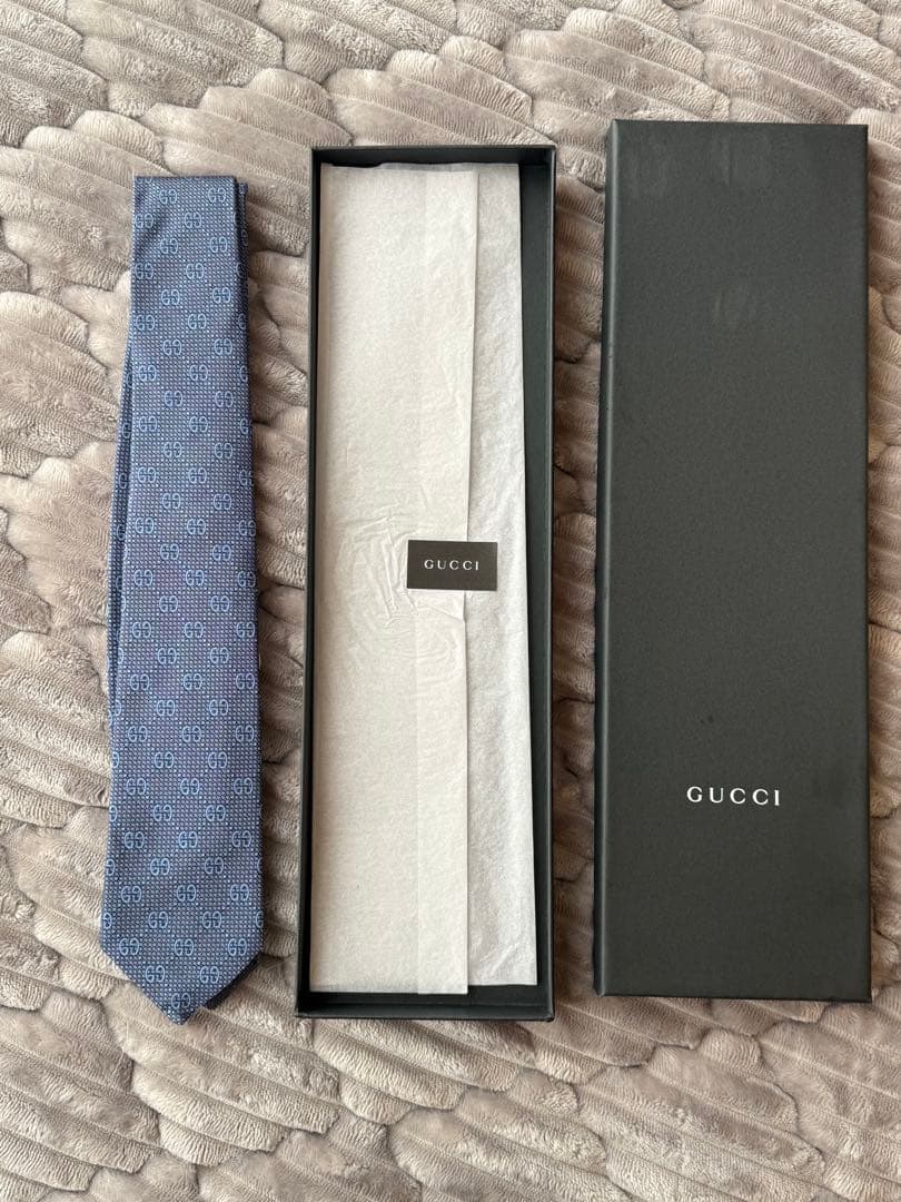 【美品・未使用】GUCCI シルク ネクタイ GGパターン　Bee ブルー