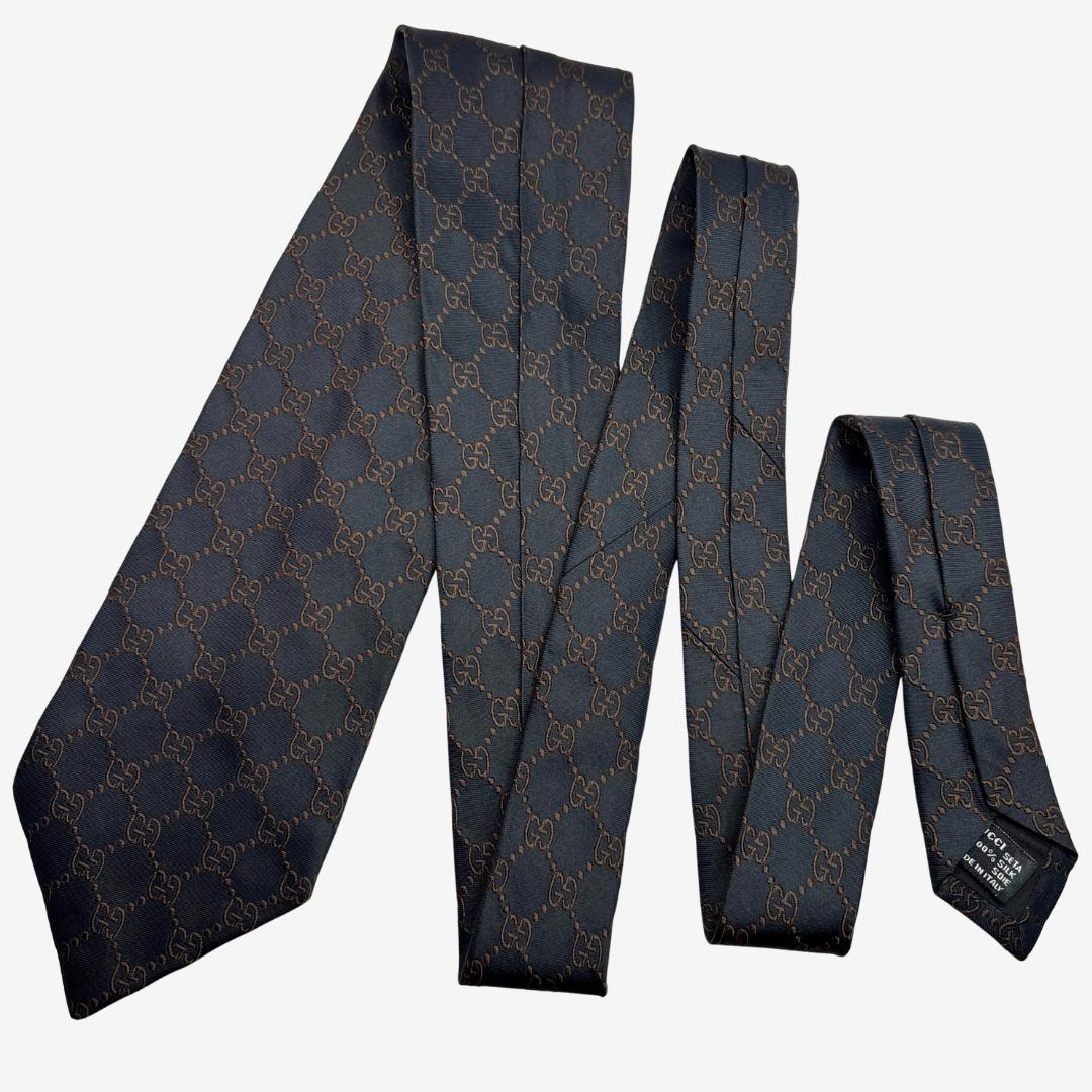 KOBAMI様GUCCI シルクネクタイ GG柄 ダークネイビー×ブラウン