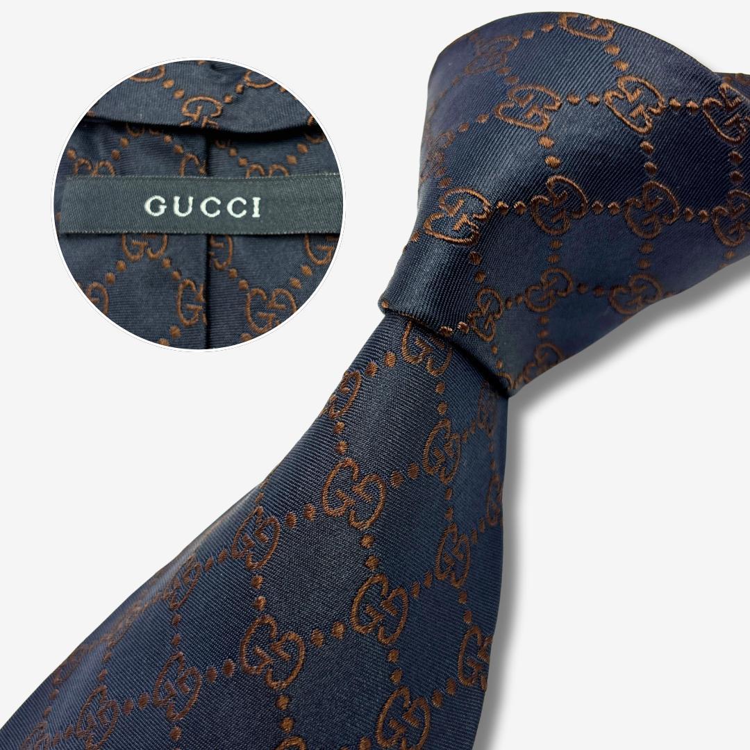 KOBAMI様GUCCI シルクネクタイ GG柄 ダークネイビー×ブラウン