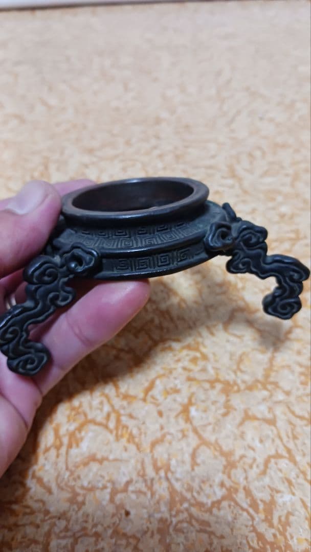 時代金工師二代村田整珉木村渡雲銅製三足丸形二段式花入花器薄端在銘渡雲鋳(花押)