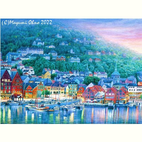 アメリカで版画化ノルウェー　ベルゲン　ヨーロッパ　風景画 白 インテリア 北欧