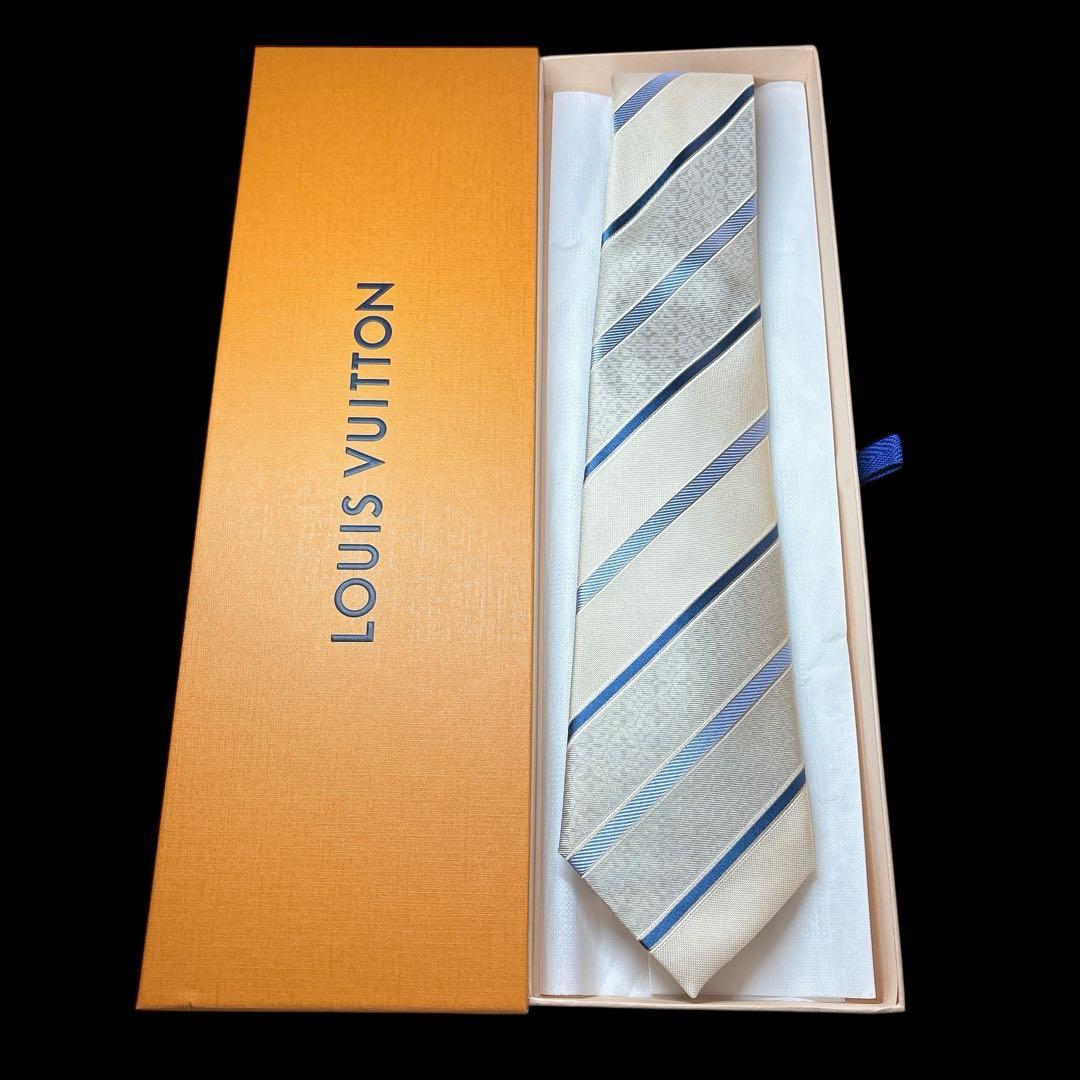 箱付 未使用 ルイヴィトン モノグラム シルク ネクタイ 光沢 アイボリー