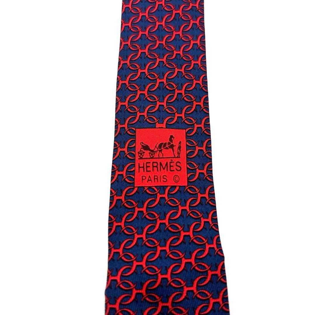 【極美品】HERMES エルメス ネクタイ ネイビー 紺 レッド 総柄 輪
