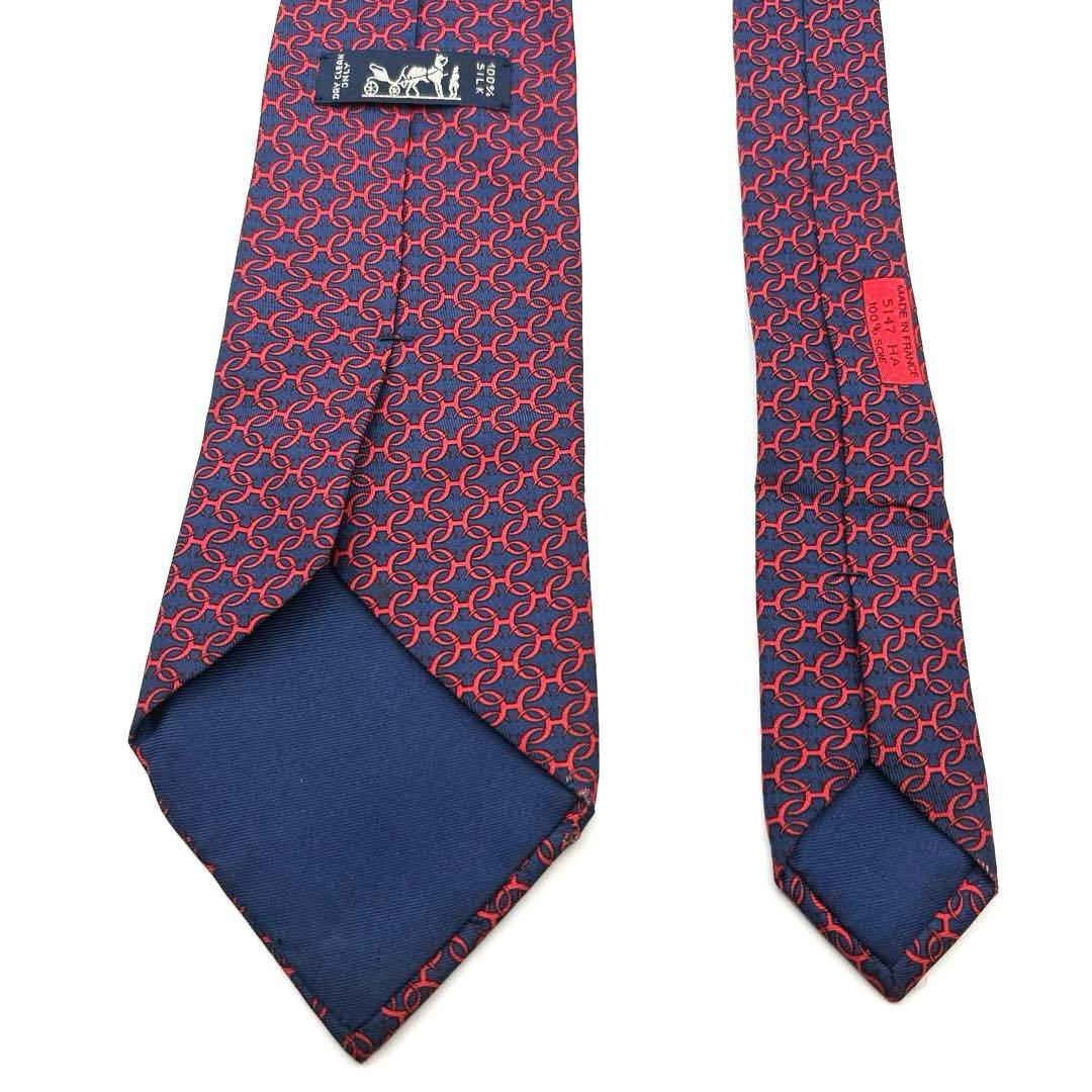 【極美品】HERMES エルメス ネクタイ ネイビー 紺 レッド 総柄 輪