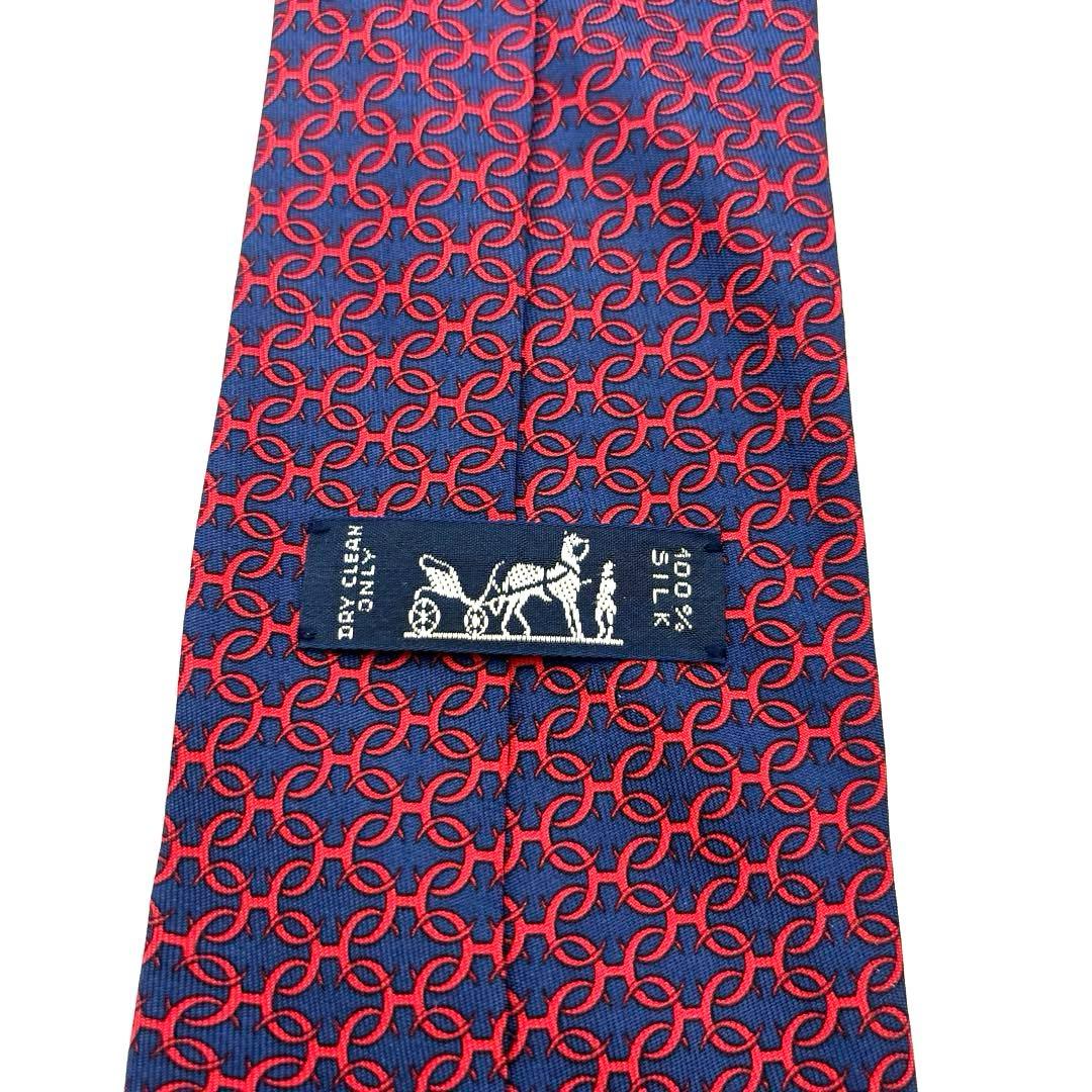 【極美品】HERMES エルメス ネクタイ ネイビー 紺 レッド 総柄 輪
