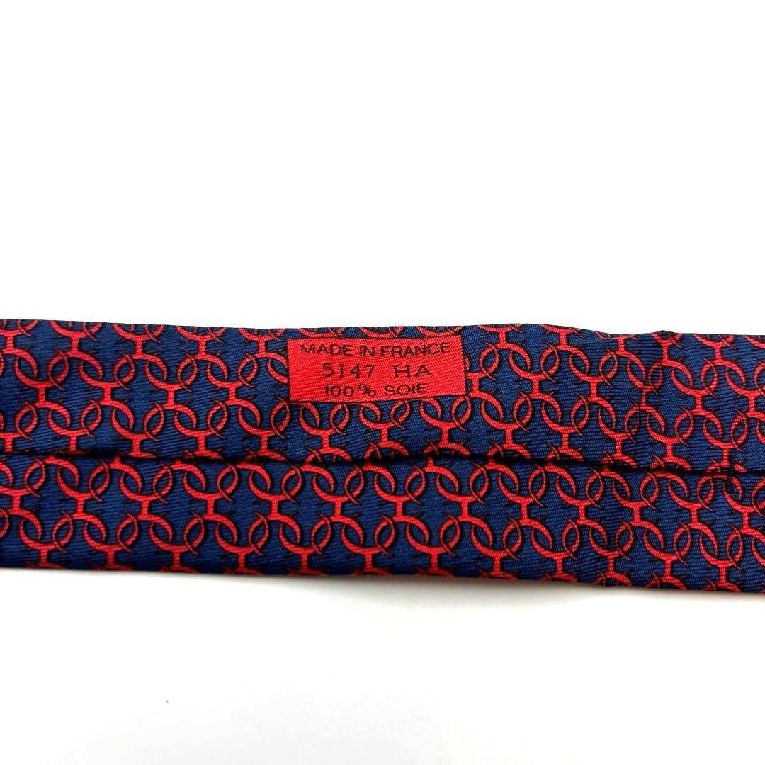 【極美品】HERMES エルメス ネクタイ ネイビー 紺 レッド 総柄 輪