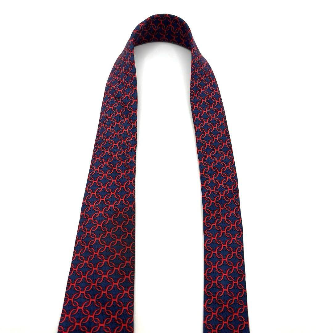 【極美品】HERMES エルメス ネクタイ ネイビー 紺 レッド 総柄 輪