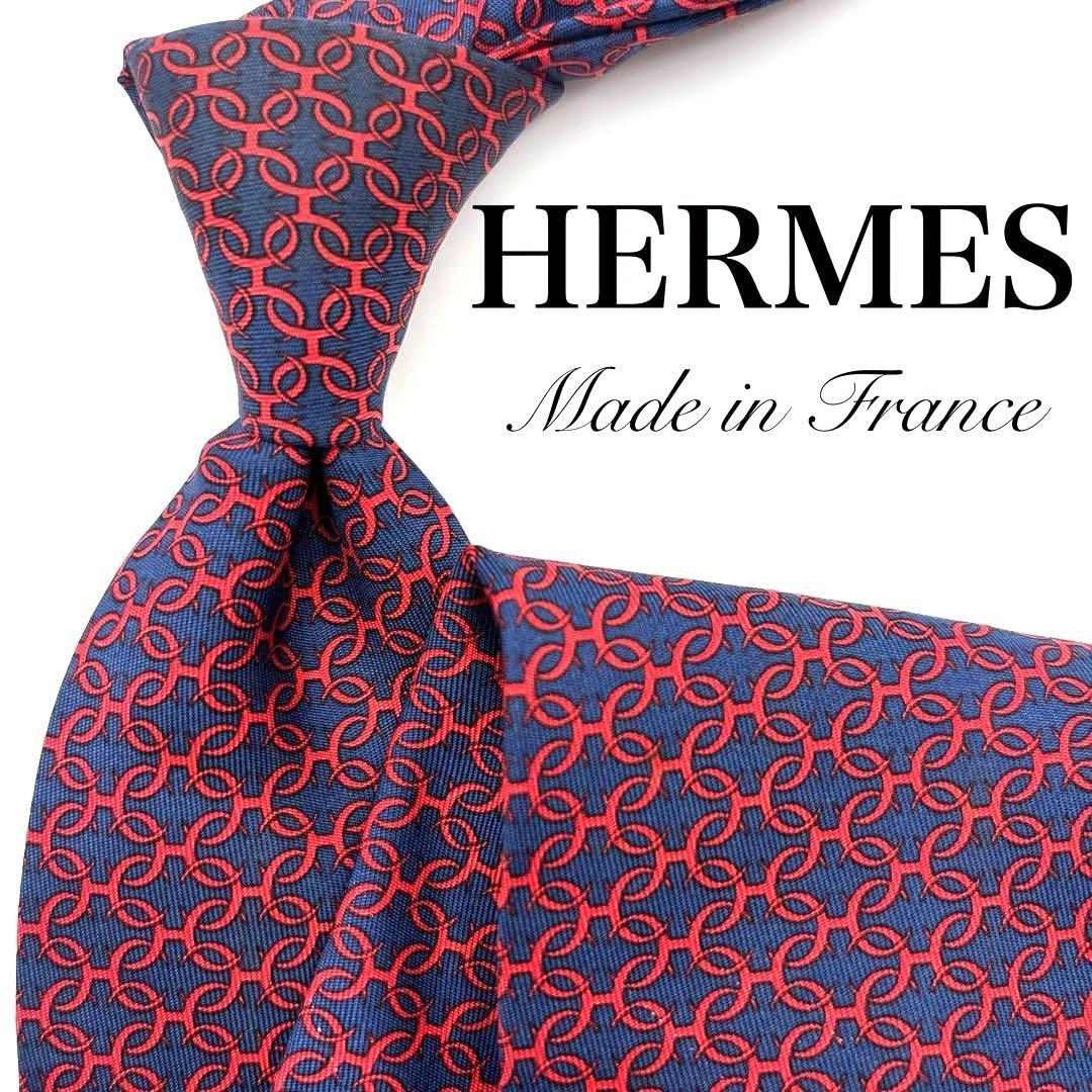 【極美品】HERMES エルメス ネクタイ ネイビー 紺 レッド 総柄 輪