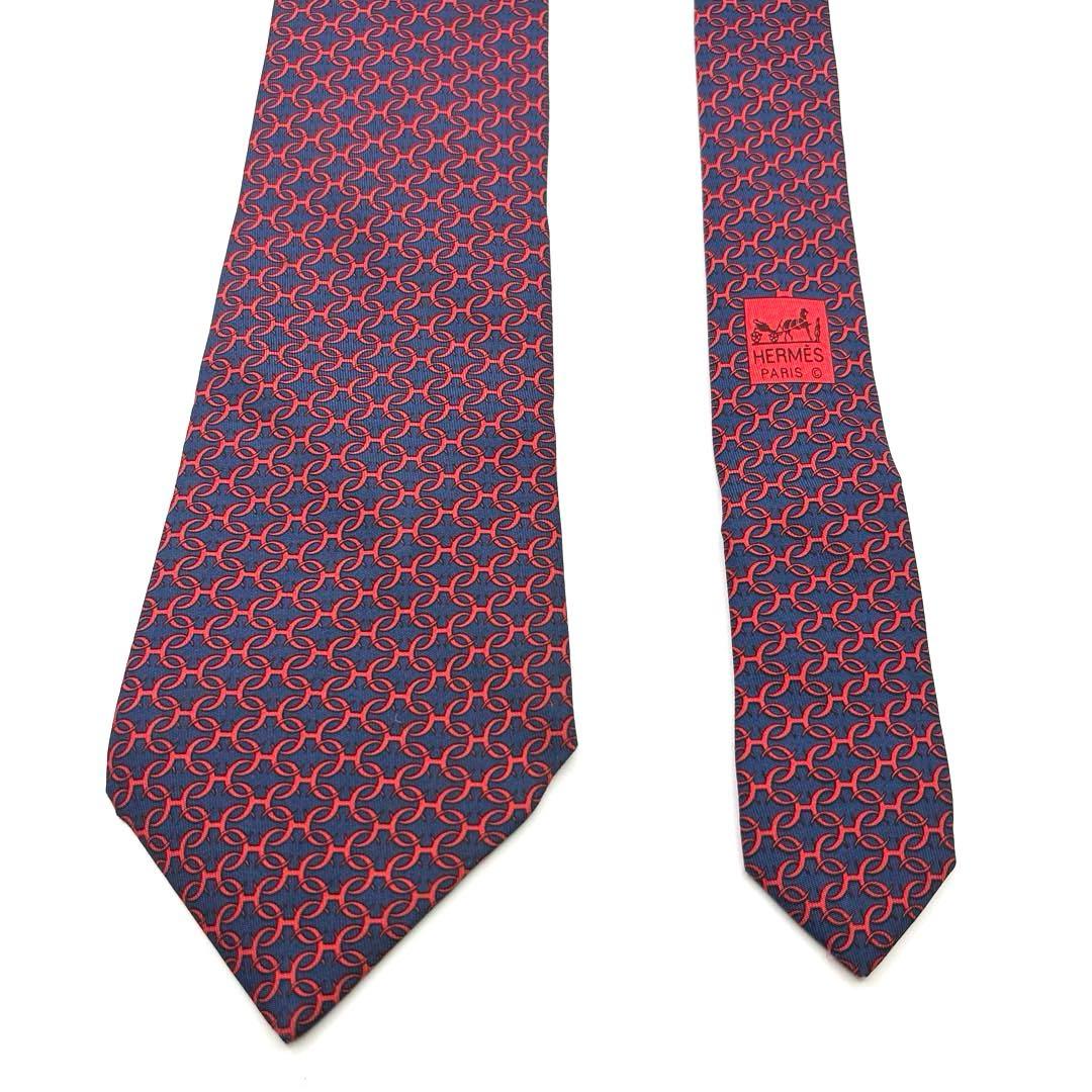 【極美品】HERMES エルメス ネクタイ ネイビー 紺 レッド 総柄 輪