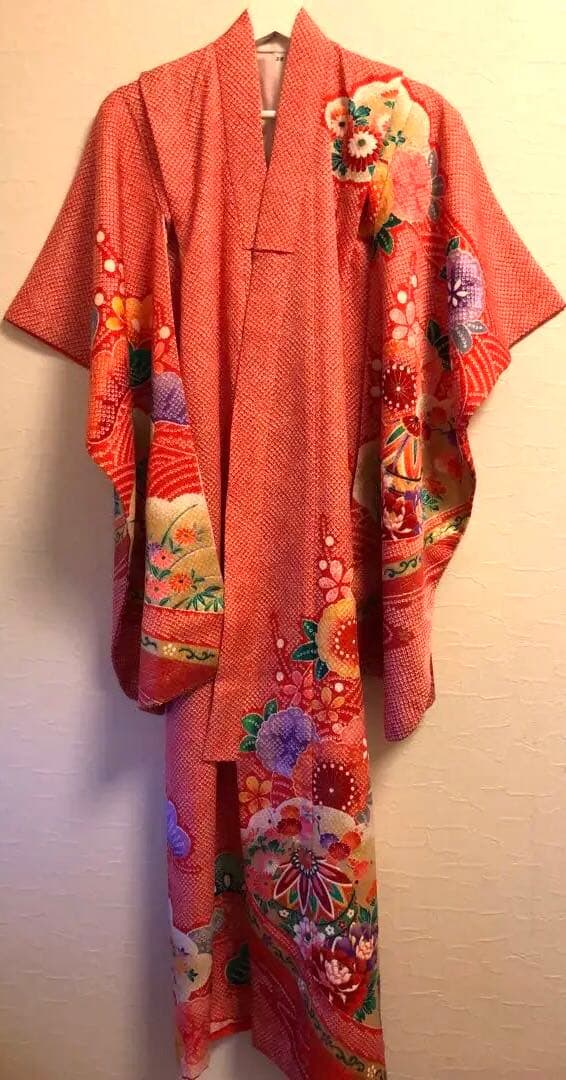 美品　絞り柄　赤　花柄　着物 七五三　7歳　女の子