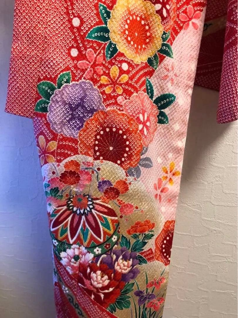 美品　絞り柄　赤　花柄　着物 七五三　7歳　女の子
