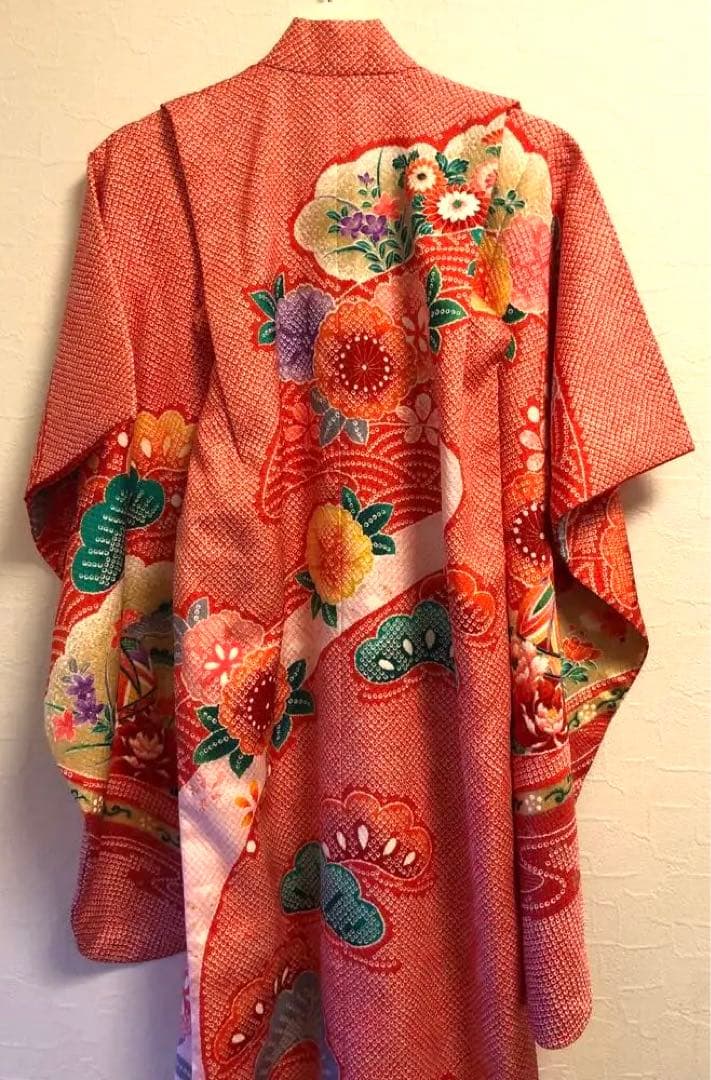 美品　絞り柄　赤　花柄　着物 七五三　7歳　女の子