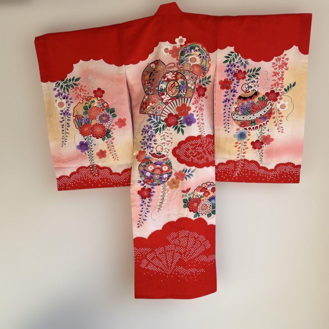 女児宮参り着物　掛け着 着物と長襦袢セット　赤系　正絹　絞り　百貨店で購入　美品