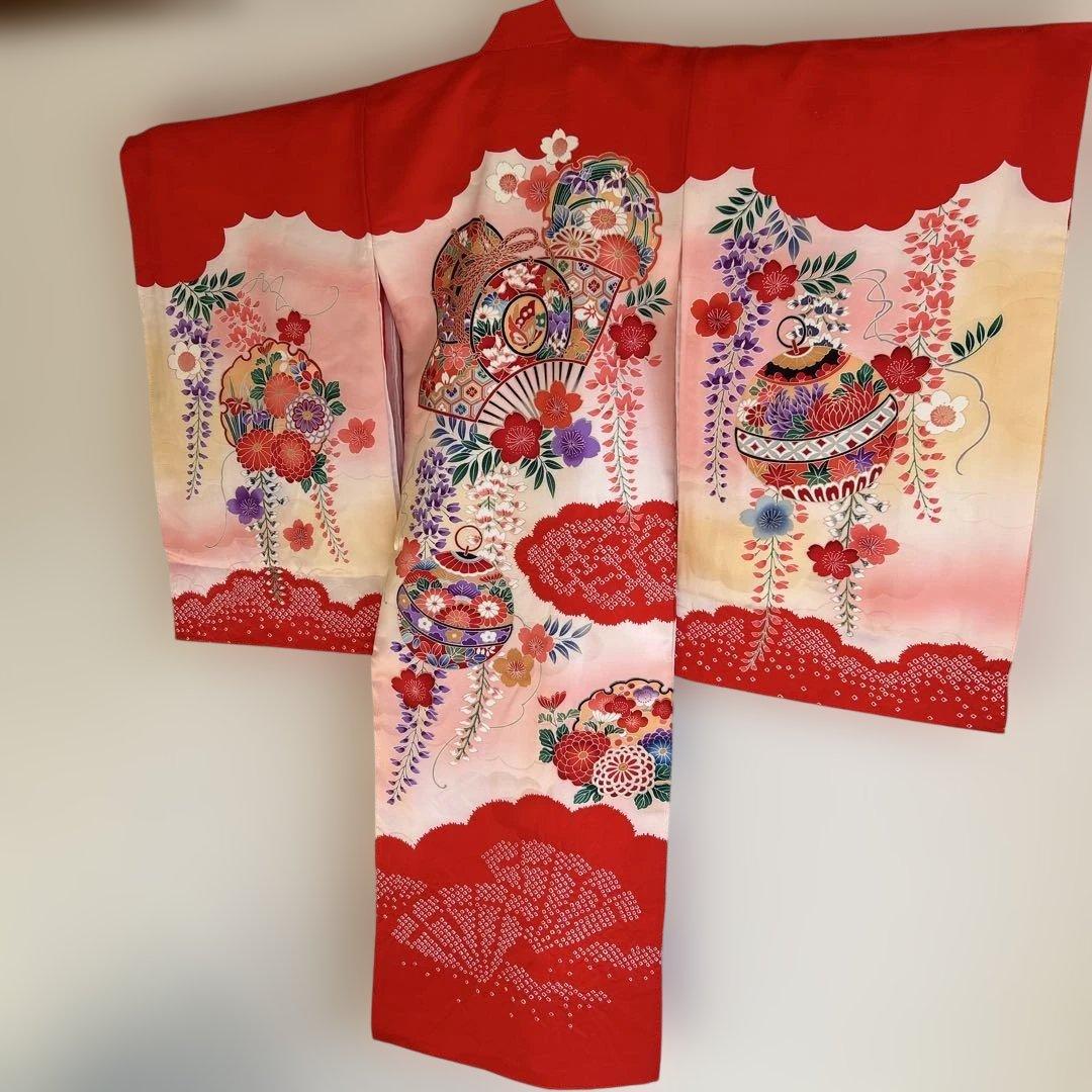 女児宮参り着物　掛け着 着物と長襦袢セット　赤系　正絹　絞り　百貨店で購入　美品