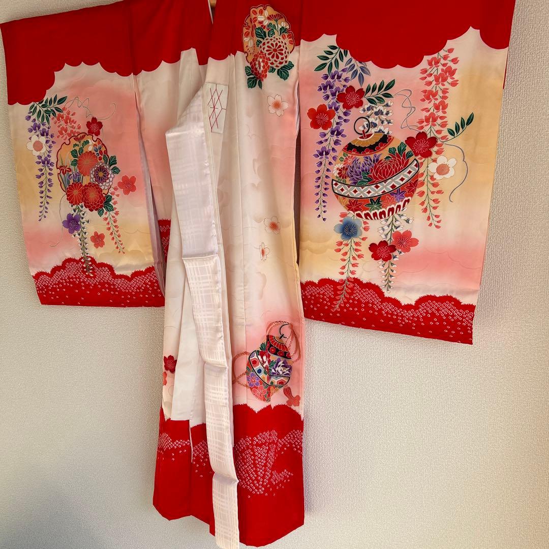 女児宮参り着物　掛け着 着物と長襦袢セット　赤系　正絹　絞り　百貨店で購入　美品