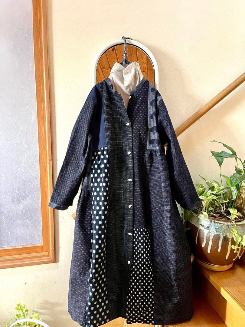 古布リメイク　パッチワークワンピース　雪ん子　書生絣　絵絣　ハンドメイドf