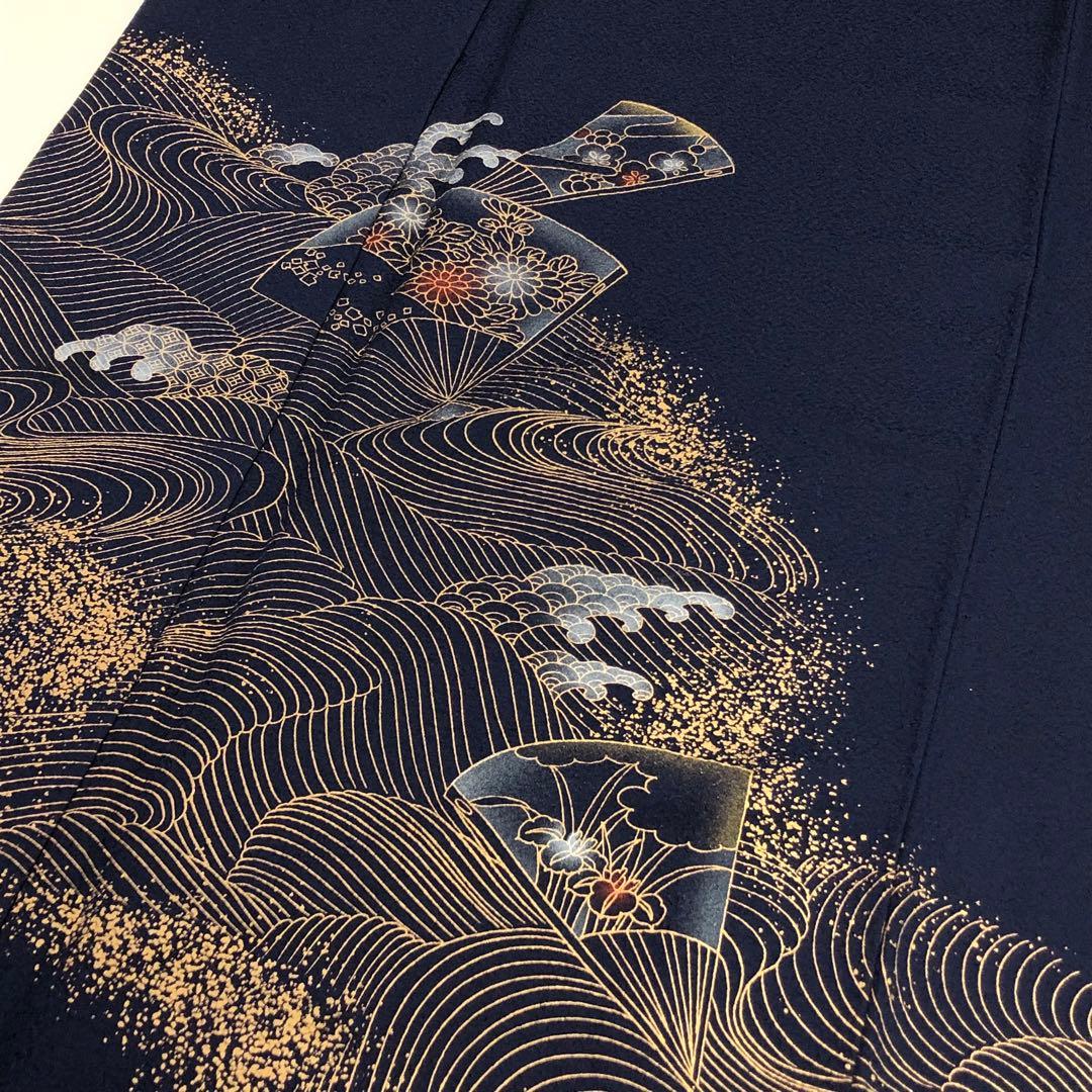 付下げ 波模様に扇子に花柄模様 金彩 KK-2138