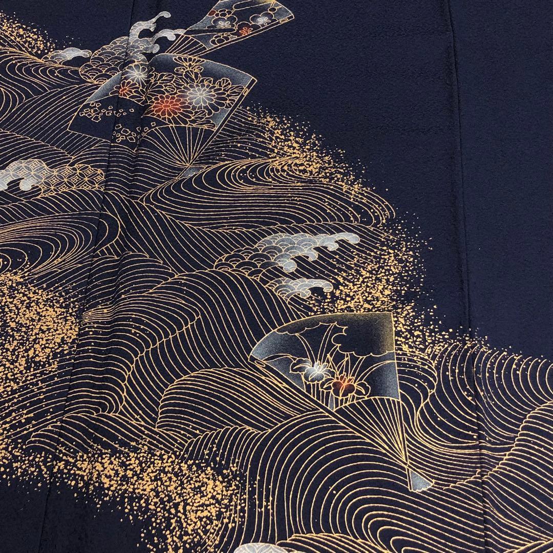付下げ 波模様に扇子に花柄模様 金彩 KK-2138