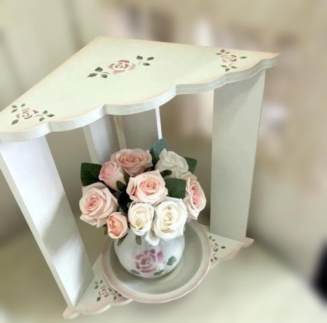 えっさん専用　薔薇のステンシルが可愛いふりふりコーナーラックローズ棚2台おまとめ