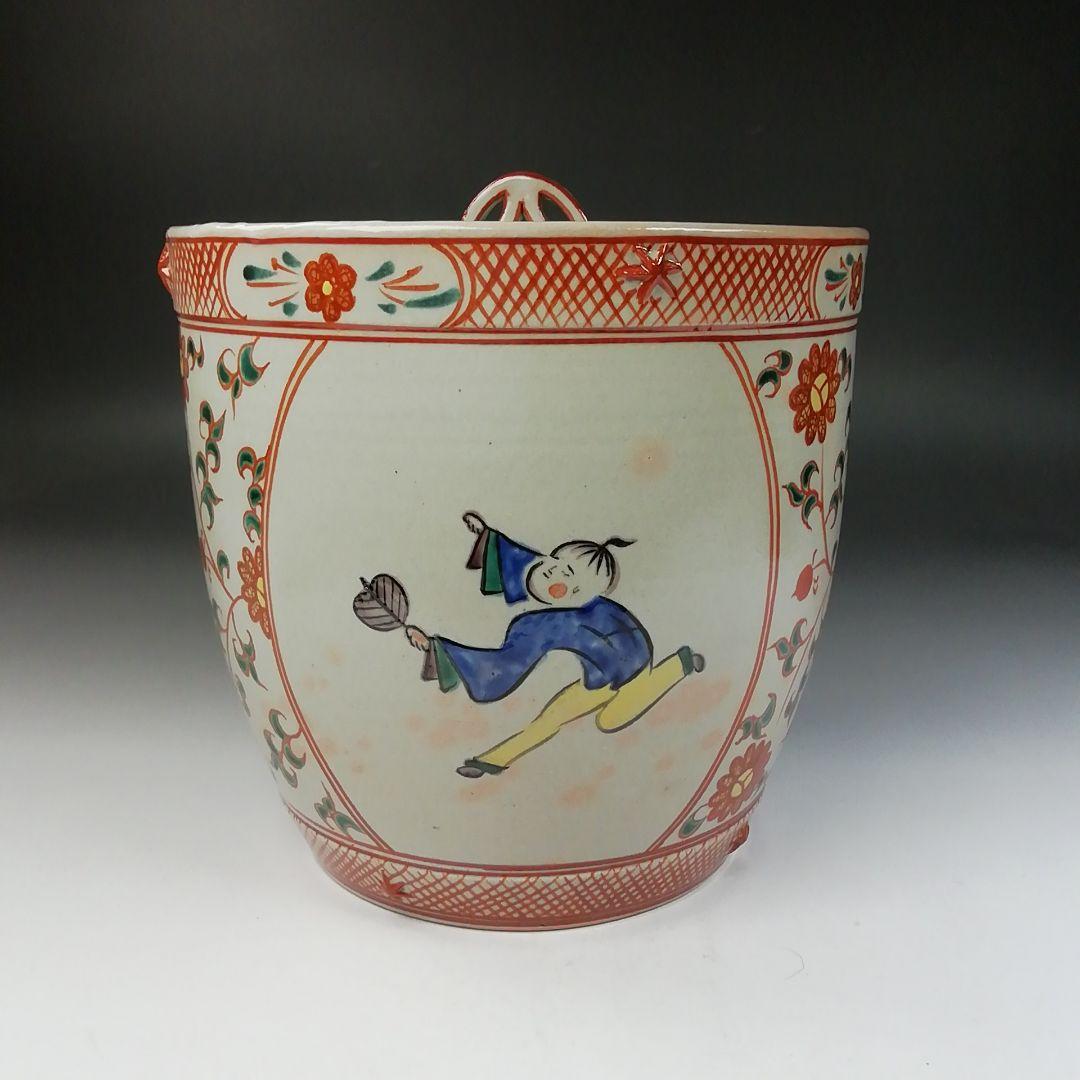 Ｔ８５６　水指　『赤絵　唐子』『塗替蓋付』『堀野証嗣 造』　共箱　茶道具