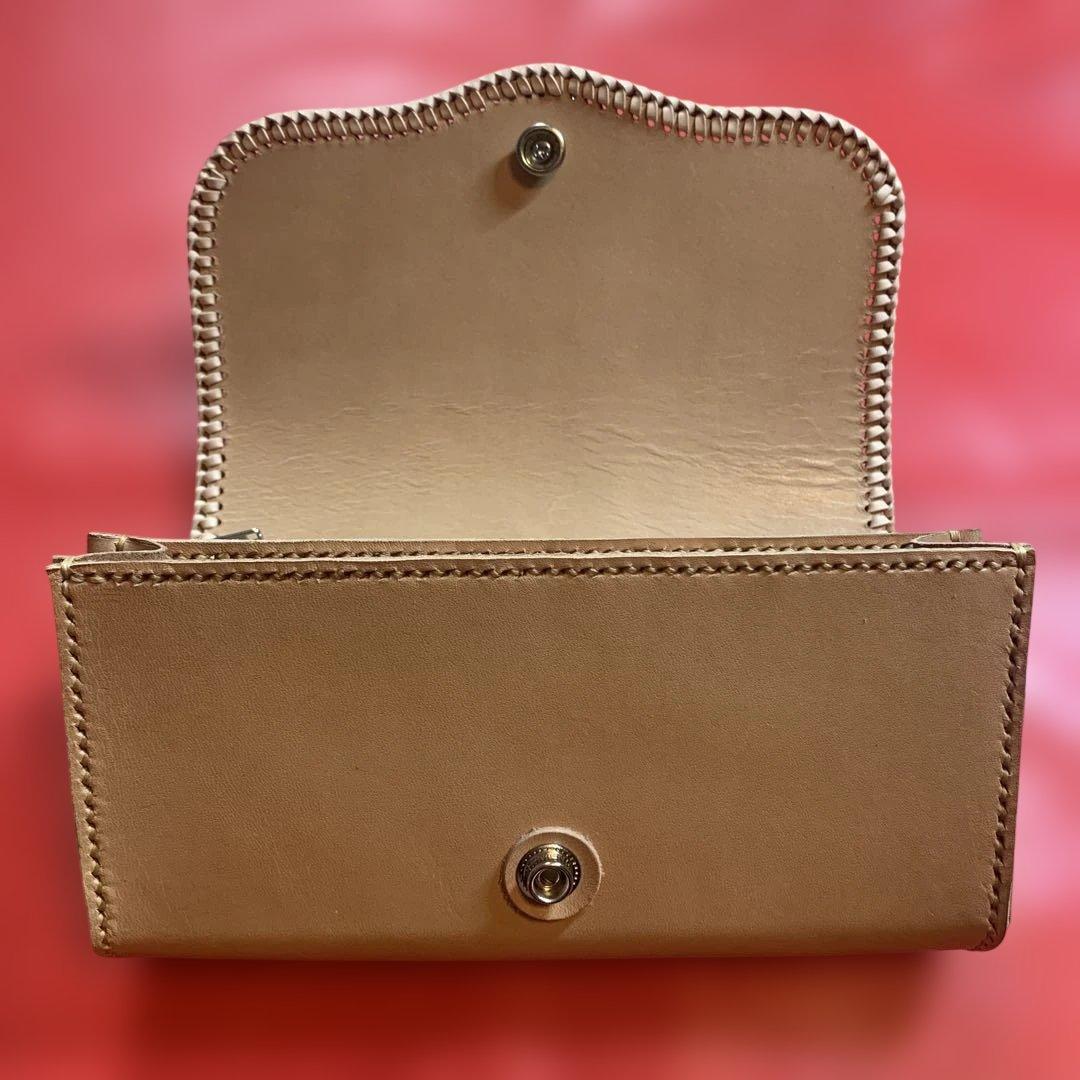 ハンドメイドレザークラフトヌメ革牛レース編み長財布　ヌメ革長財布