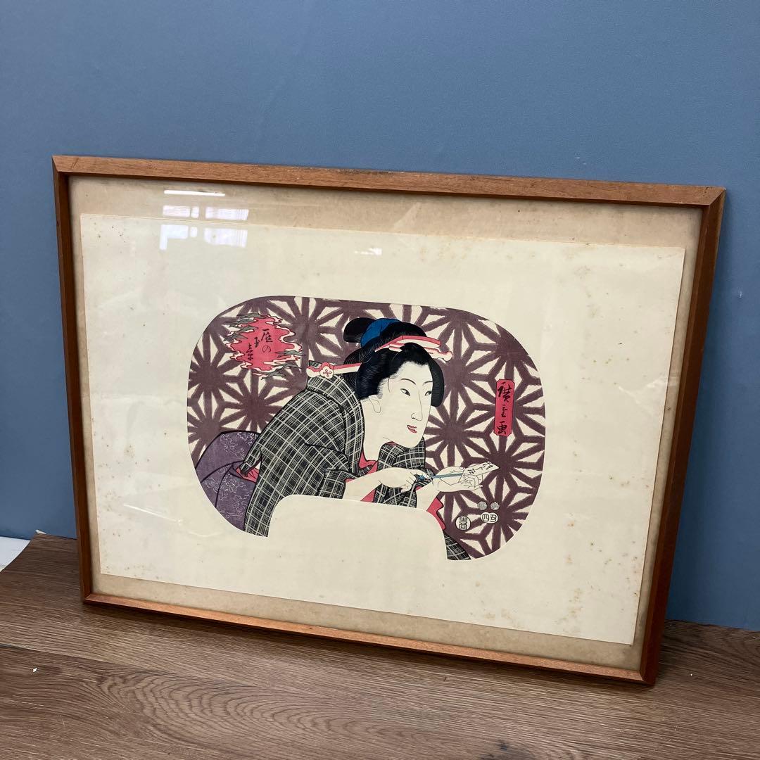 昭和レトロ 豊原国周 団扇絵 木版画 「江戸の華」 額装品 幕末 明治 浮世絵
