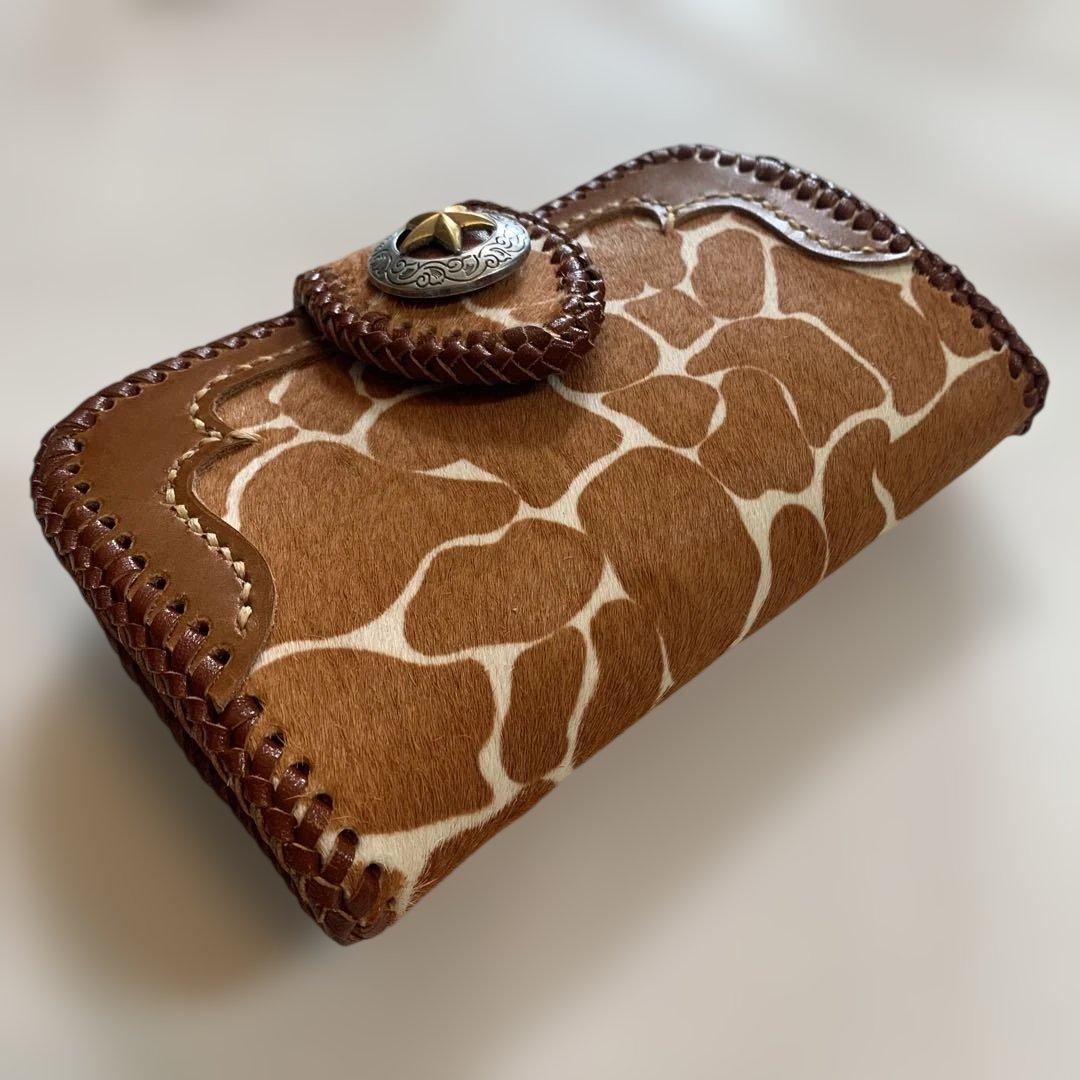 ハンドメイドレザークラフトキリン柄ハラコ牛革茶色ミドルウォレット牛レース編み茶色