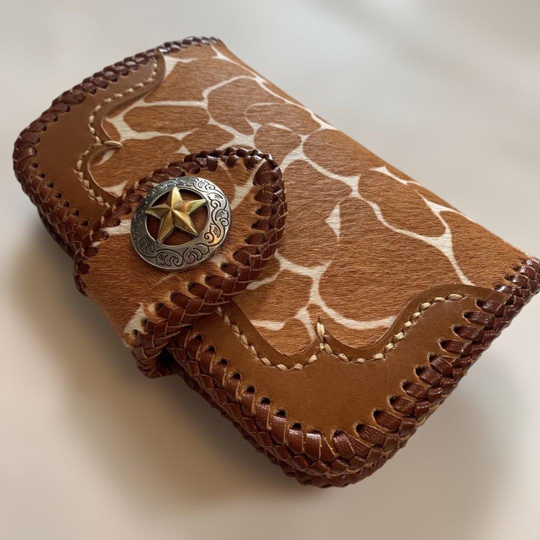 ハンドメイドレザークラフトキリン柄ハラコ牛革茶色ミドルウォレット牛レース編み茶色