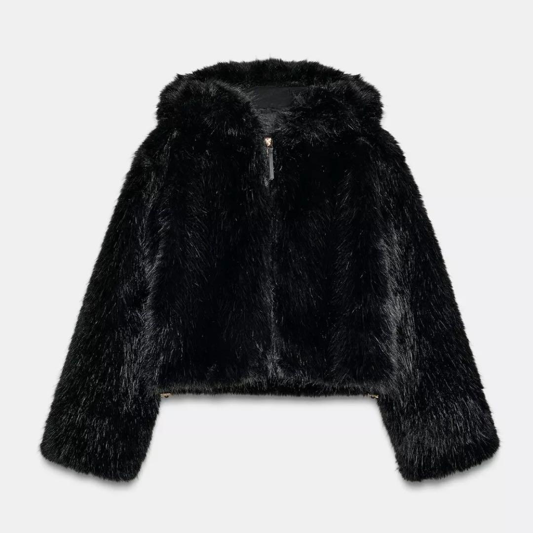 ZARA フェイクファーショートコート ブラック 黒 XSサイズ フード付き